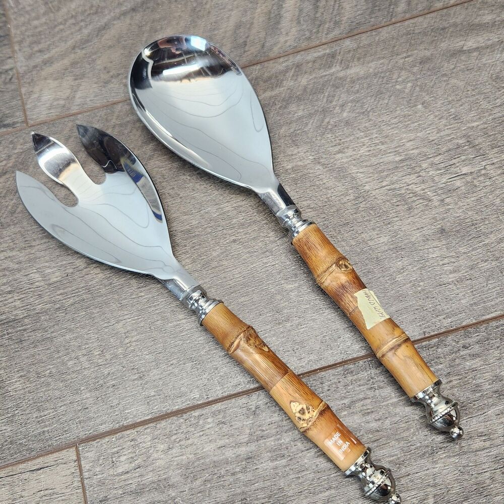 Vintage Bamboo Salad Servers Set Stainless Steel Made in India Boho Tiki Decor